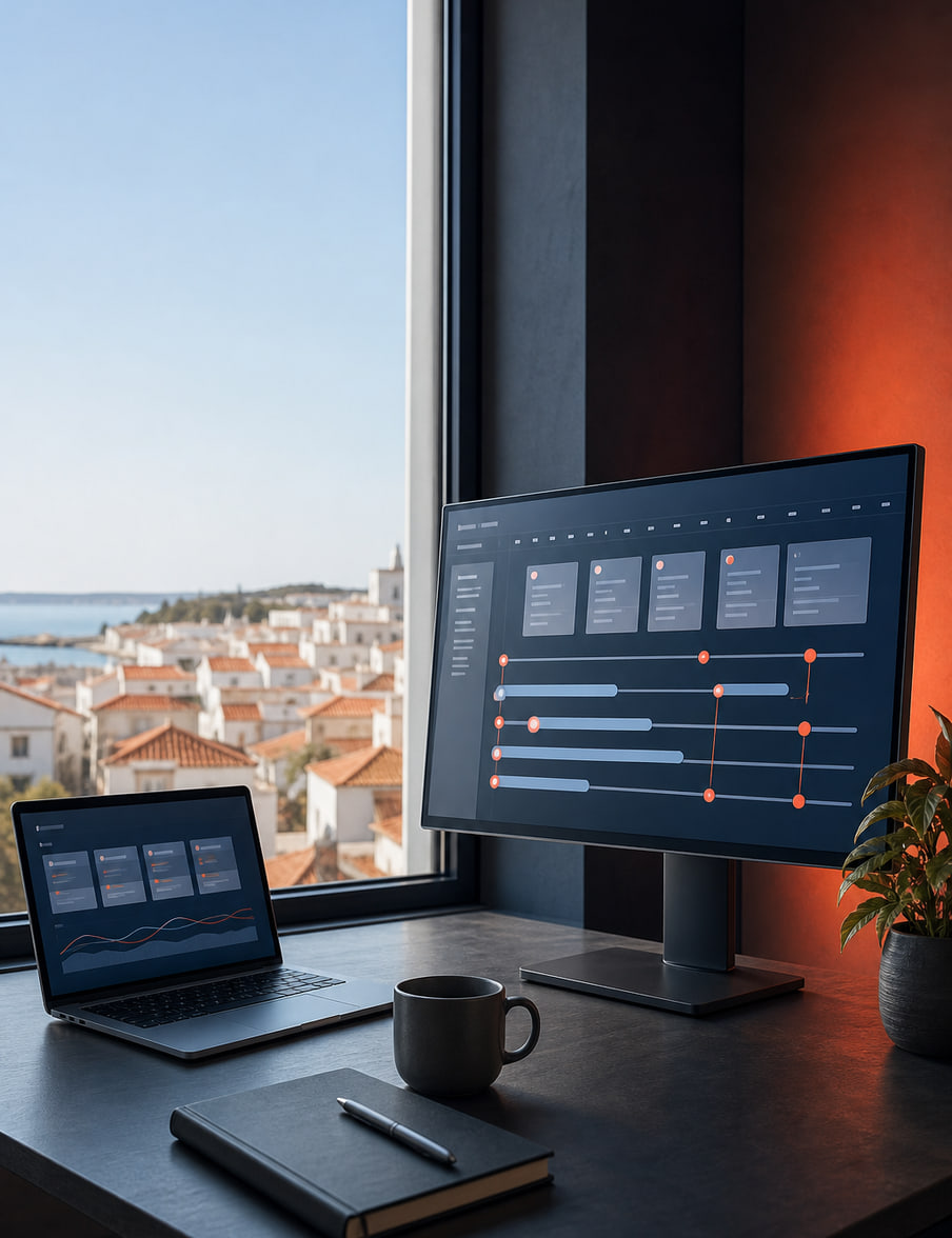 Desk monitor showing a project roadmap beside a window over Faro rooftops