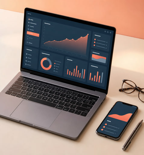 Laptop and phone showing matching analytics dashboards on a pale desk