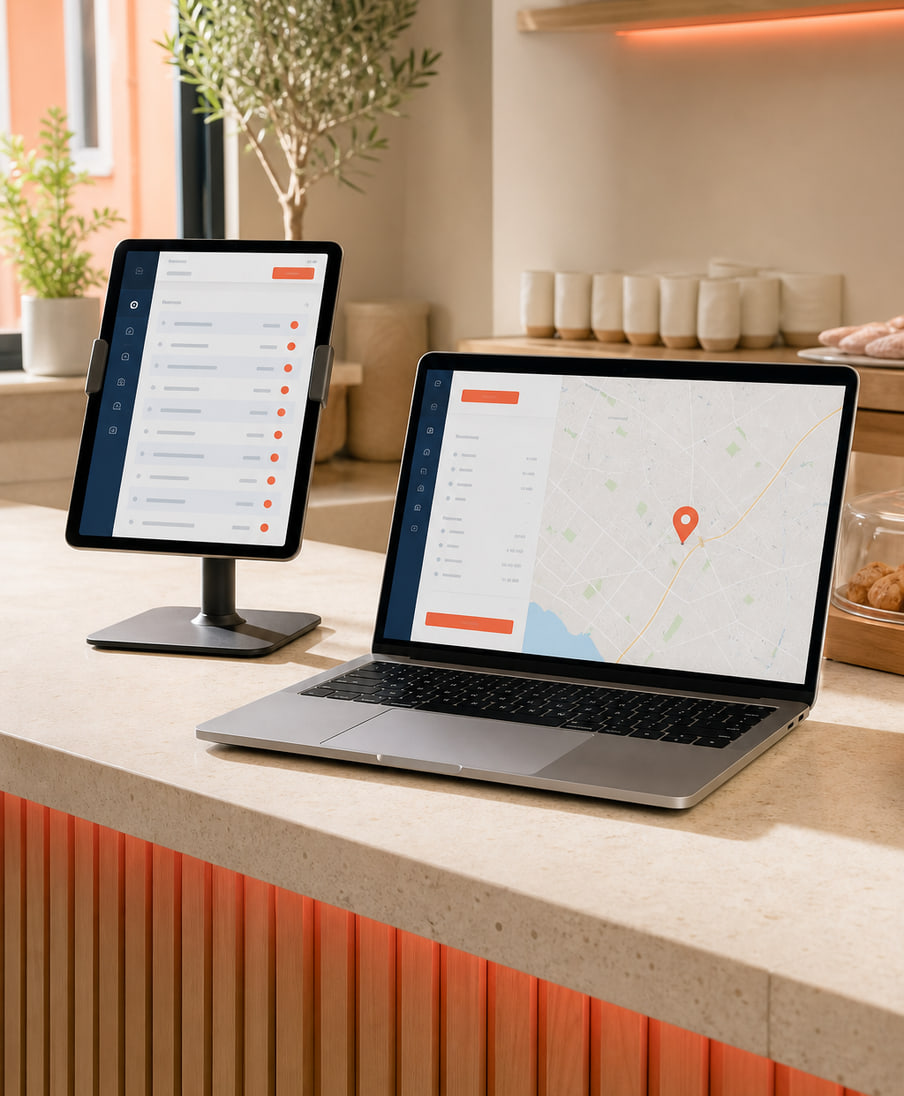 Shop counter with a tablet booking list and a laptop showing a map listing