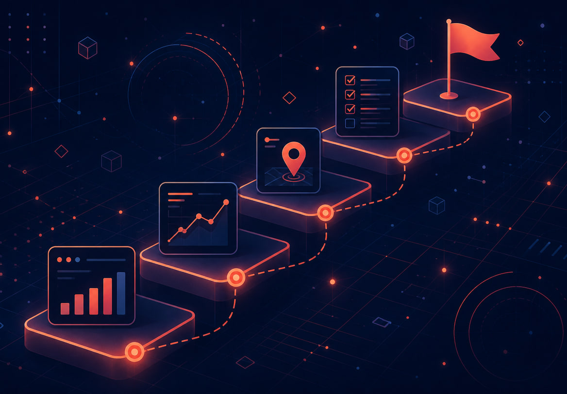 Illustration of a rising path of milestone steps carrying charts, a map pin and a checklist toward a flag