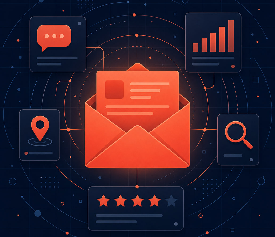 Illustration of an open envelope ringed by linked cards for chat, charts, location, search and ratings