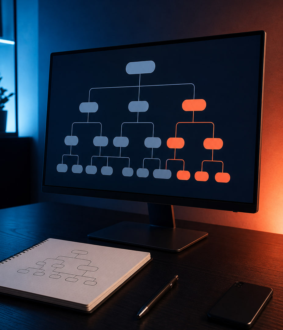 Screen showing a decision tree next to a notebook with the same sketch