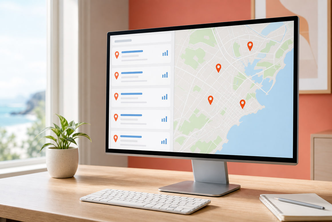 Local search results page with a map on a desktop screen