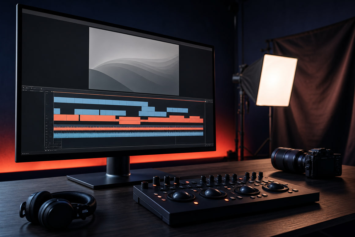 Video editing timeline on a wide studio monitor