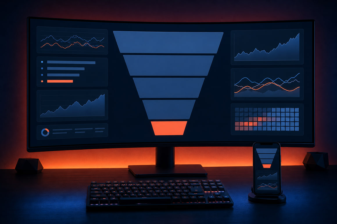 Conversion funnel dashboard on an ultrawide monitor