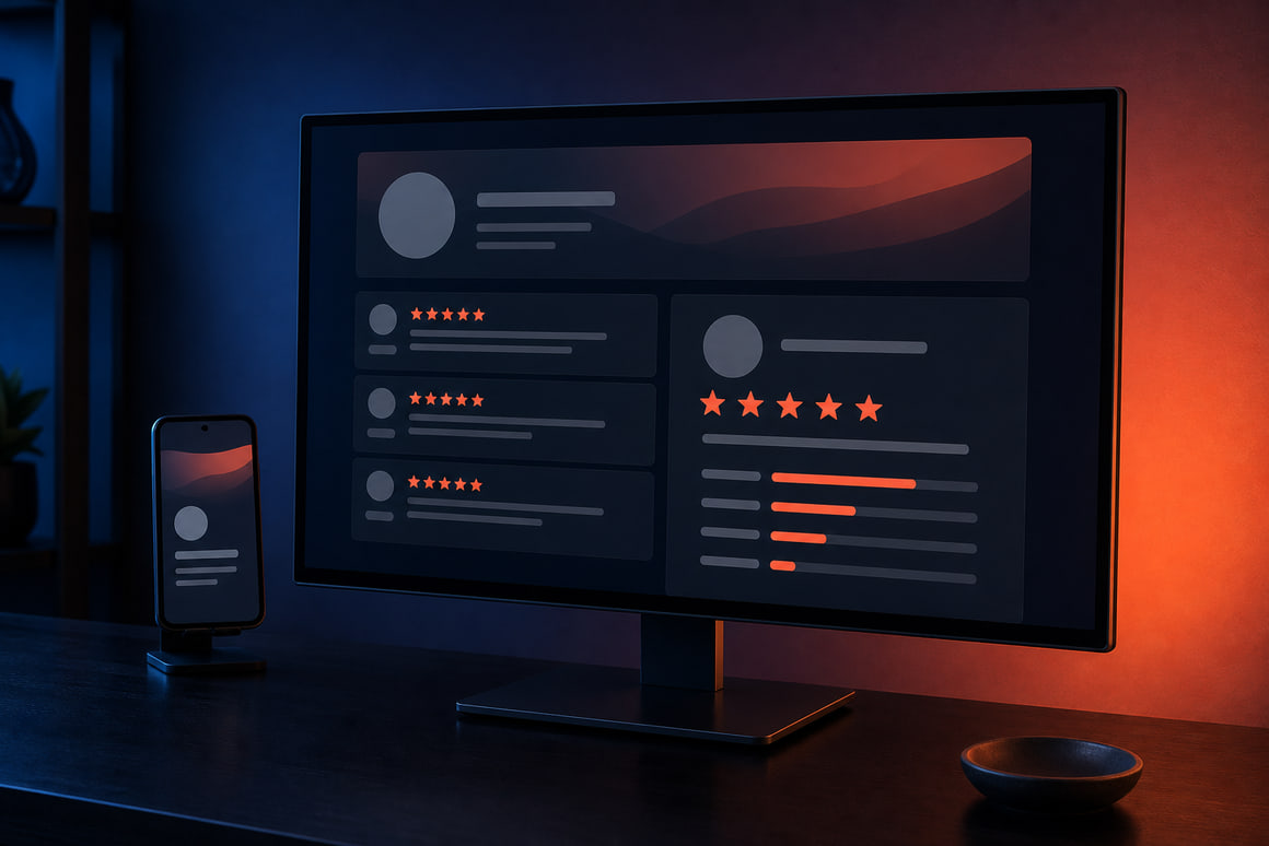 Business profile page with customer reviews on screen