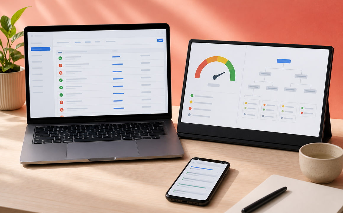 Laptop with a site audit checklist next to a portable screen showing a page speed gauge