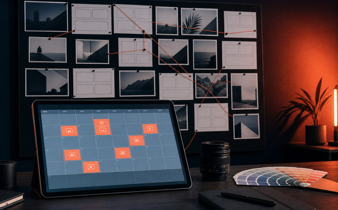 Tablet showing a content calendar in front of a pinboard of storyboard frames