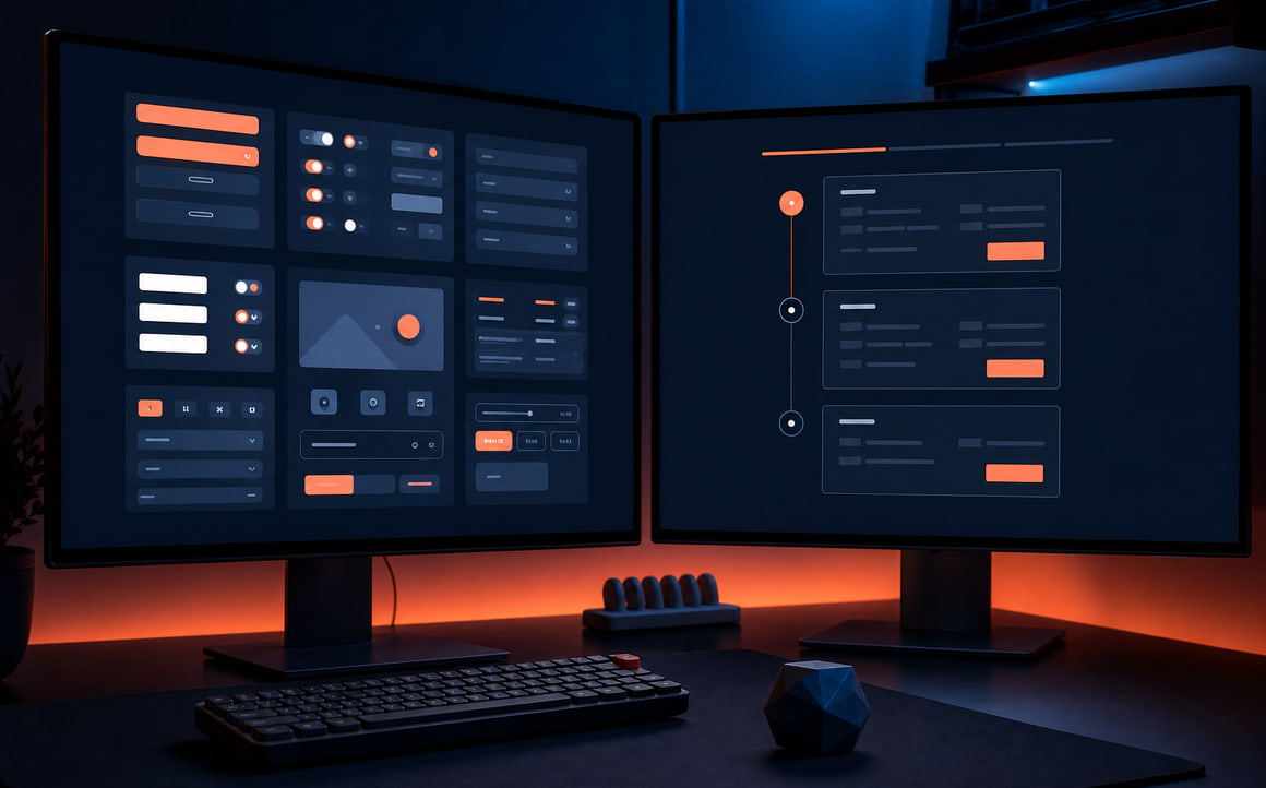 Two monitors showing a component library and a checkout flow under construction