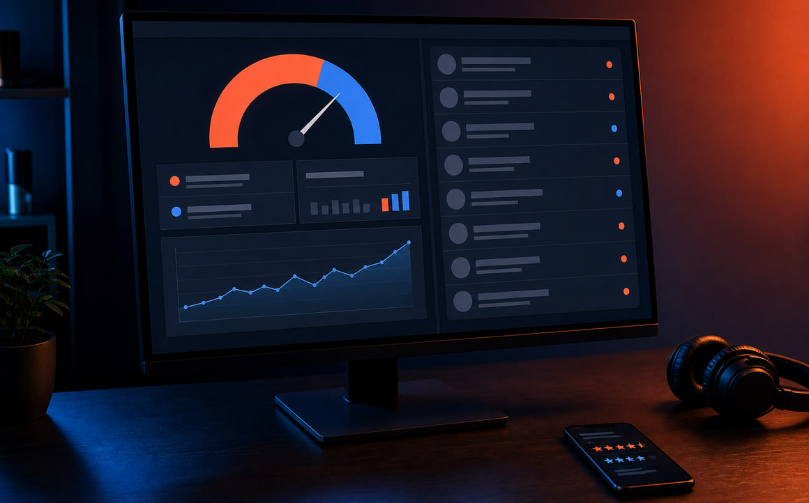 Reputation dashboard on a monitor with a phone showing a star rating summary