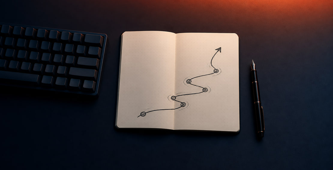 Open notebook with a hand-drawn growth path, a keyboard and a fountain pen