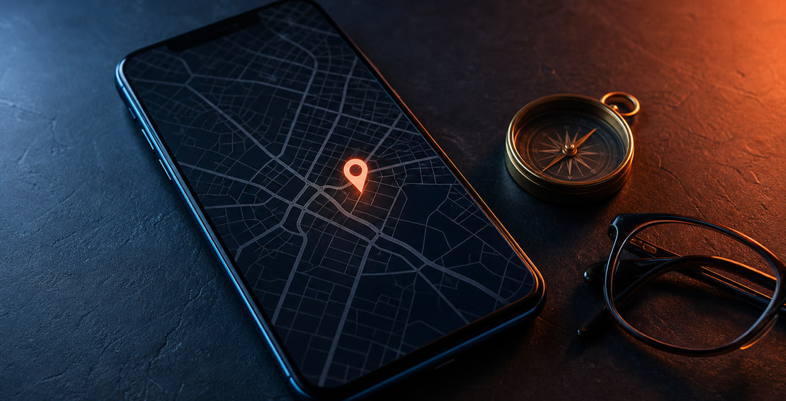 Smartphone showing a street map with a location pin beside a brass compass