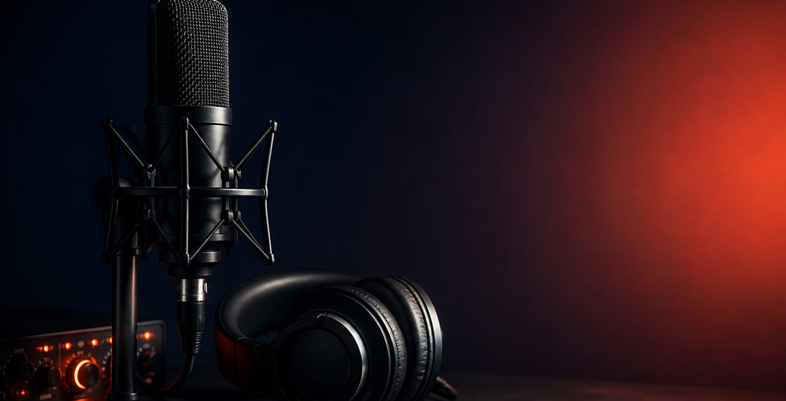 Studio condenser microphone with headphones and an audio interface